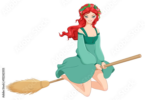 Redhead witch riding broom. Vector illistration isolated on white background.