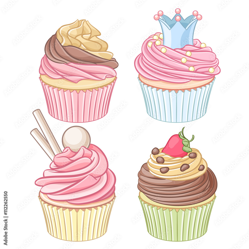 A set of colorful cupcakes isolated on white background. A set of colorful cupcakes isolated on white background.