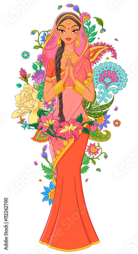 Beautiful indian girl in sari surrounded with flowers and ornaments. Vector illustration isolated on white background.