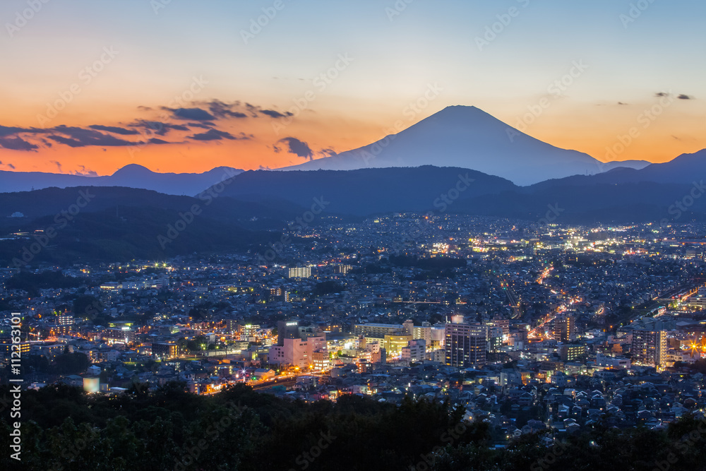 Beautiful Hadano city view with Mountain Fuji in evening autumn season
