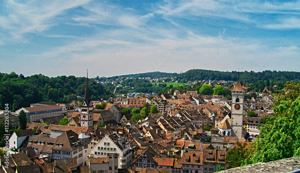 City in panoramic view. Village in Switzerland