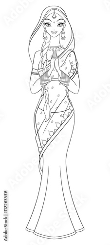 Outlined indian girl in sari. Coloring page vector illustration.
