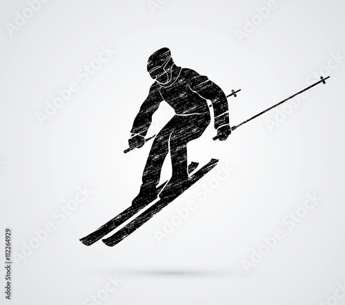 Skier action designed using grunge brush graphic vector.