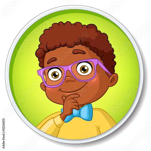 Thoughtful young smart african american student boy. Cartoon vector illustration isolated on white background.