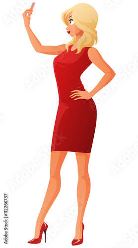 Young woman posing and taking a selfie with her mobile phone. Cartoon vector illustration isolated on white background.