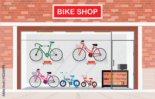 Bicycle stores exterior or bike shops interior.