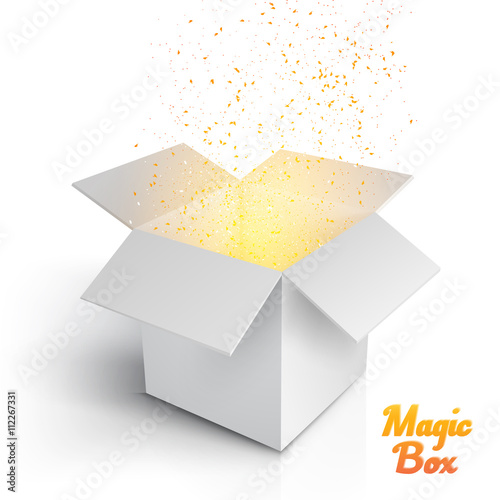 Illustration of Realistic Magic Open Box. Magic Box with Confetti and Magic Light. Magic Gift Box with Magic Light Comming from Inside Isolated on White Background