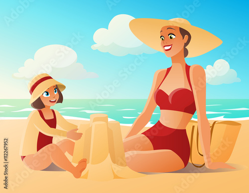 Beautiful mother and cute young daughter on the beach. Cartoon vector illustration isolated on white background.