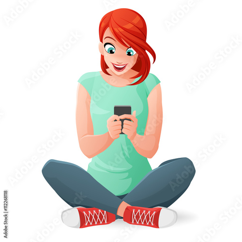 Young woman communicating with her mobile phone. Cartoon vector illustration isolated on white background.