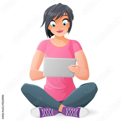 Young woman with tablet computer. Cartoon vector illustration isolated on white background.