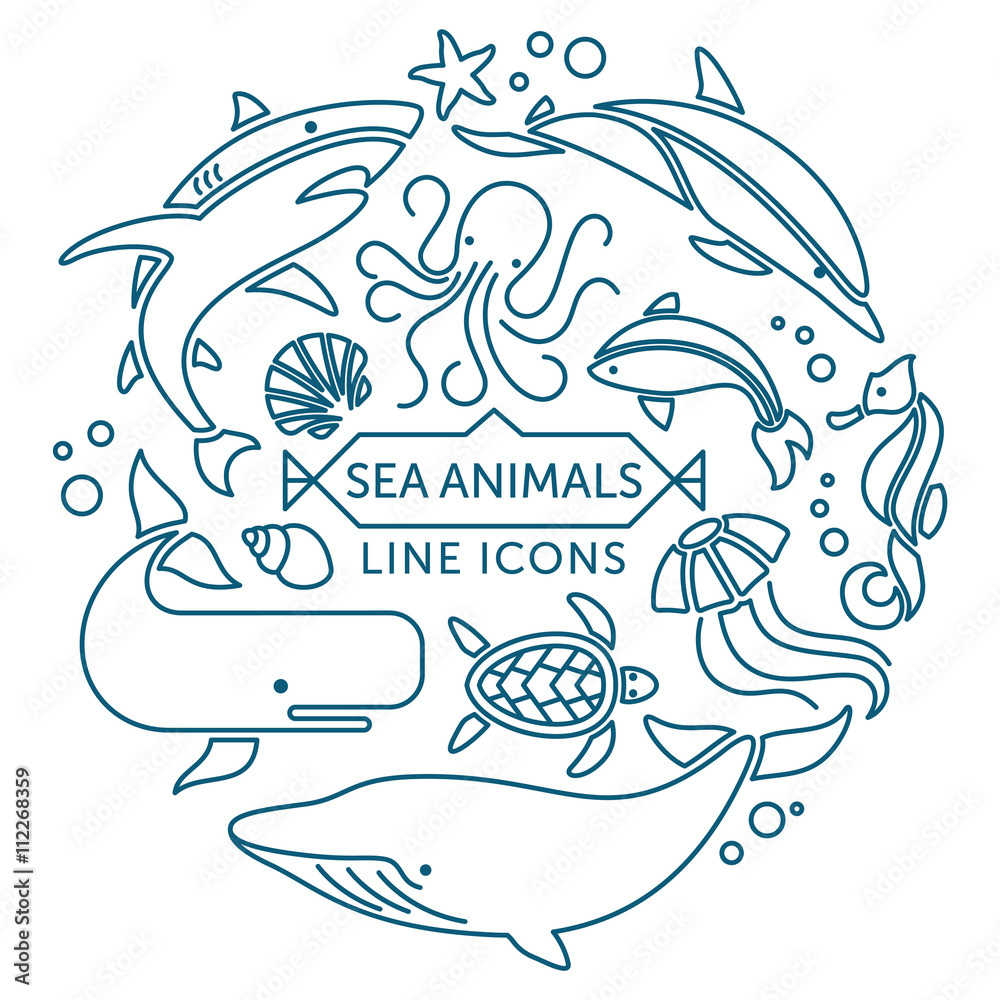 Naklejka premium Sea animals line icons