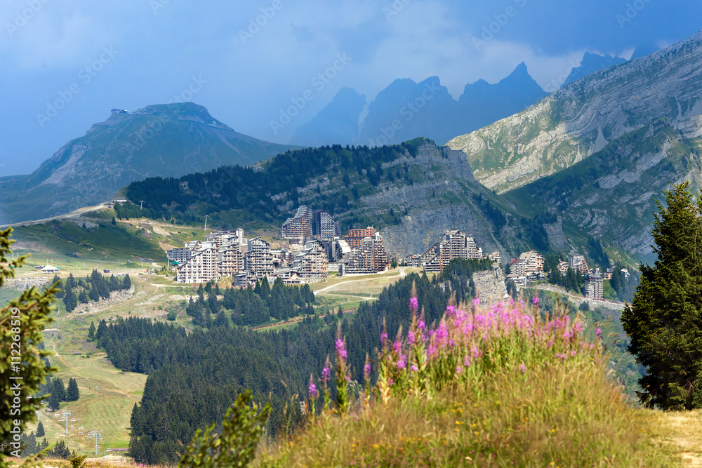 Panoramic view of mountain ski resort in summertime Avoriaz, France