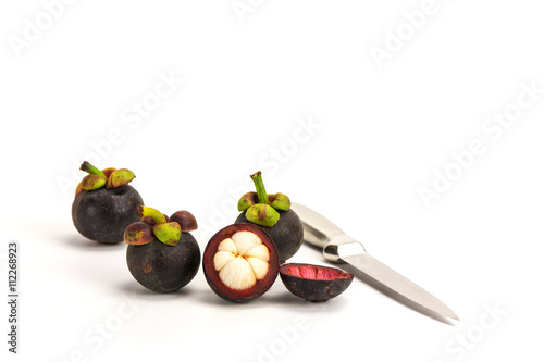 Close up mangosteen fruits isolated on white background, Copy space