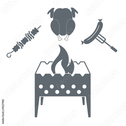 Barbecue chicken, kebab and sausage  icon on a white background