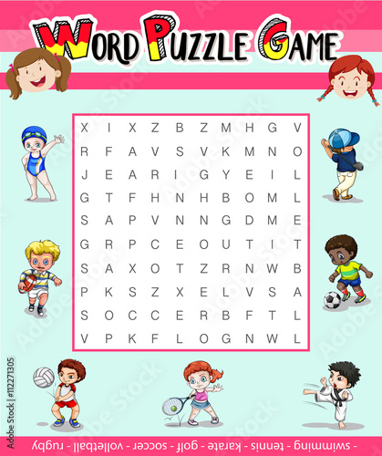 Game template for word puzzle with many sports