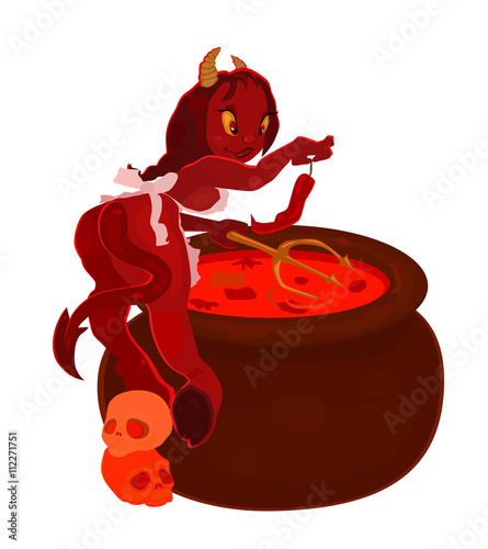 Funny Pinup Devil Girl Cooking Hot Chili Sauce