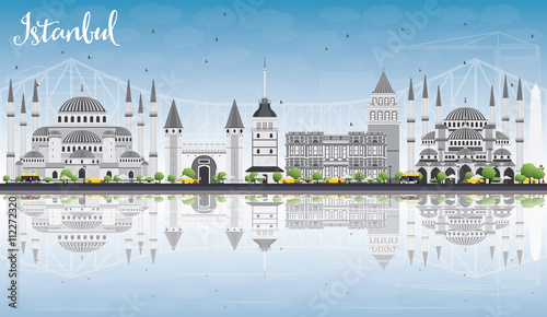Istanbul Skyline with Gray Landmarks, Blue Sky and Reflections.