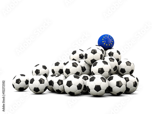 Pile of soccer balls with flag of european union