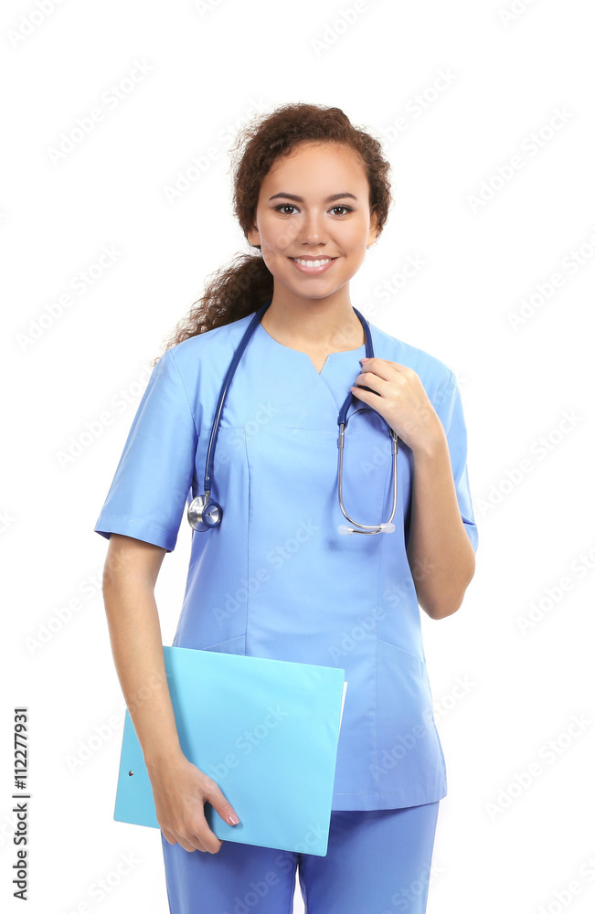 Beautiful African American female doctor on white background Beautiful African American female doctor on white background