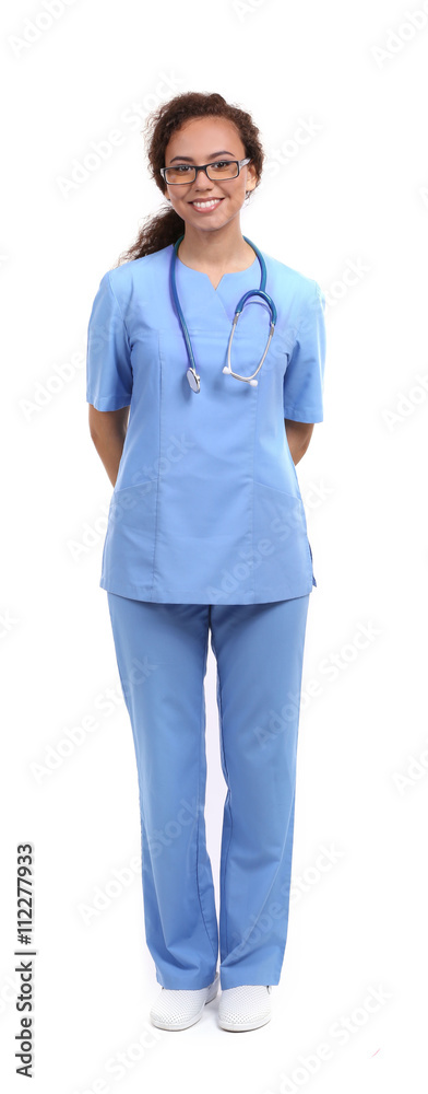 Beautiful African American female doctor on white background Beautiful African American female doctor on white background