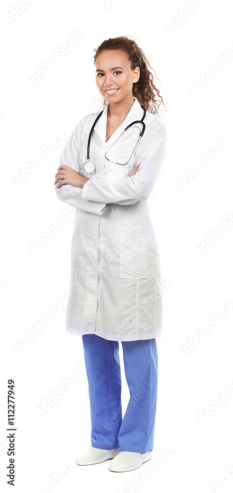 Beautiful African American female doctor on white background Beautiful African American female doctor on white background