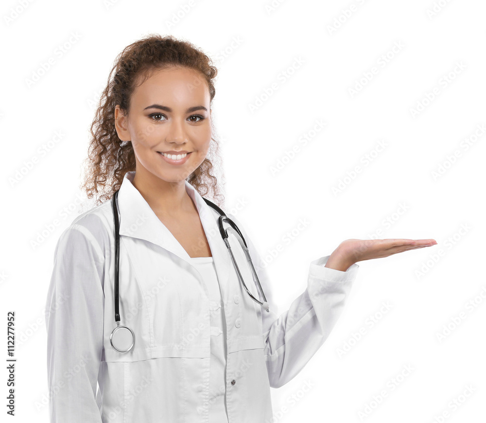 Beautiful African American female doctor on white background Beautiful African American female doctor on white background