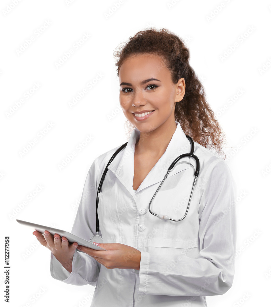 Beautiful African American female doctor on white background Beautiful African American female doctor on white background
