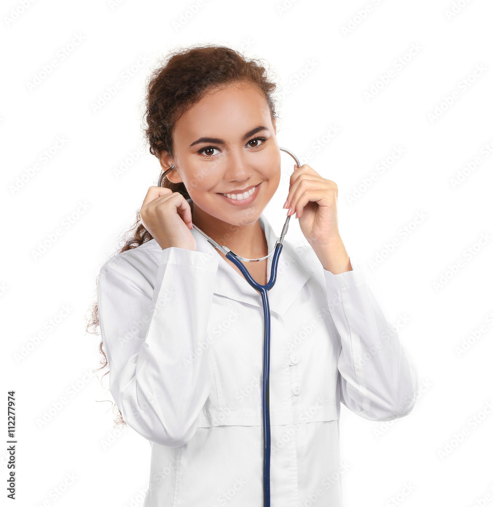 Beautiful African American female doctor on white background Beautiful African American female doctor on white background