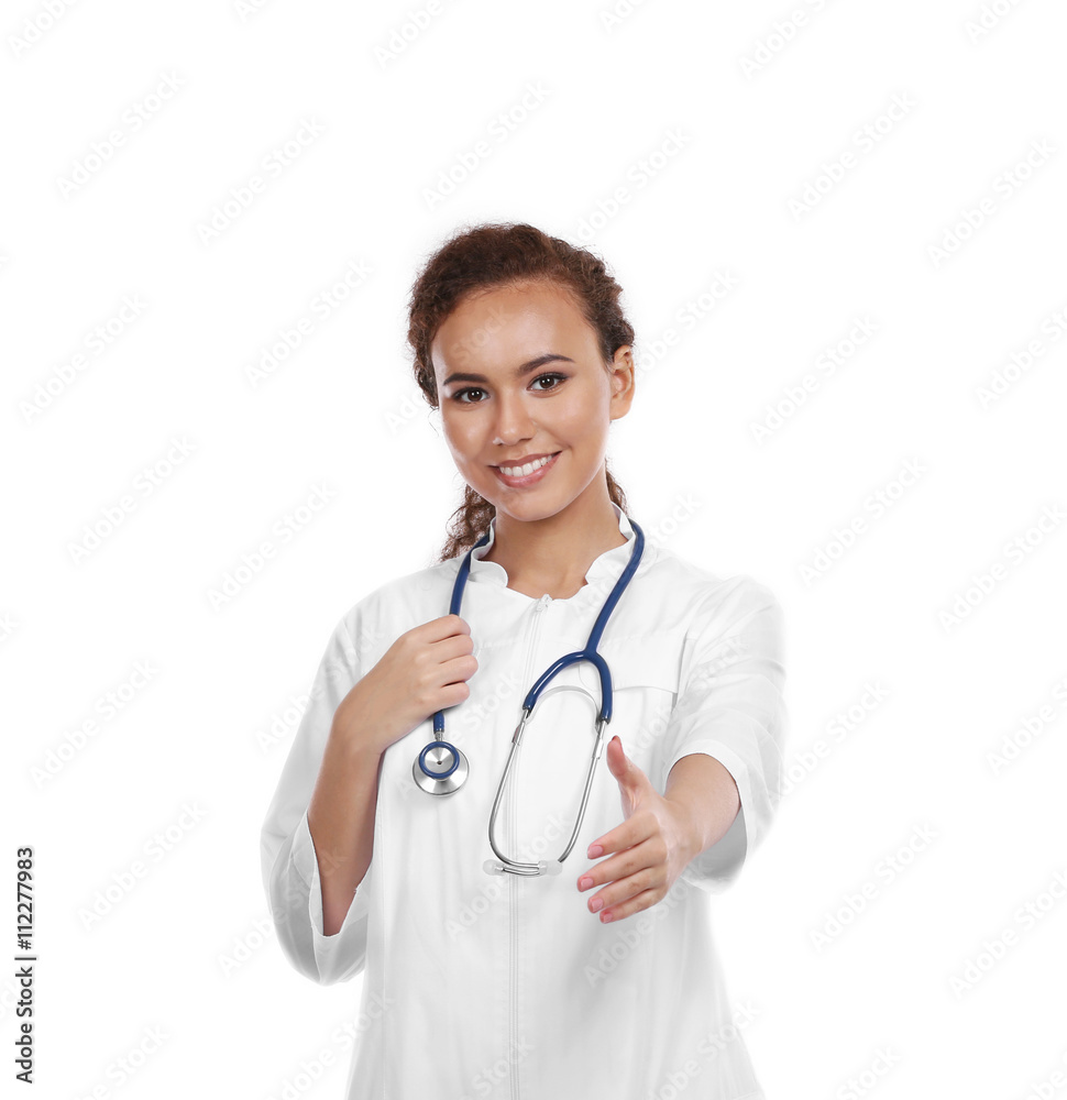 Beautiful African American female doctor on white background Beautiful African American female doctor on white background