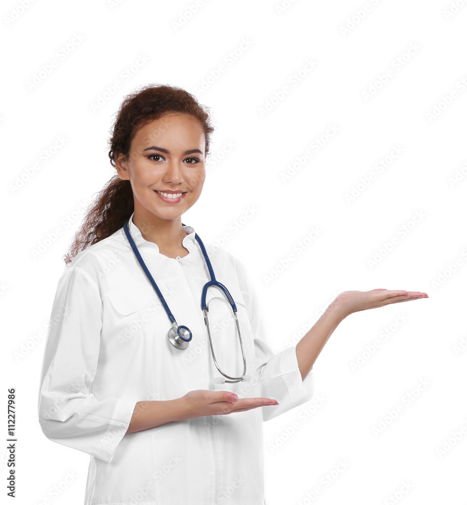 Beautiful African American female doctor on white background Beautiful African American female doctor on white background