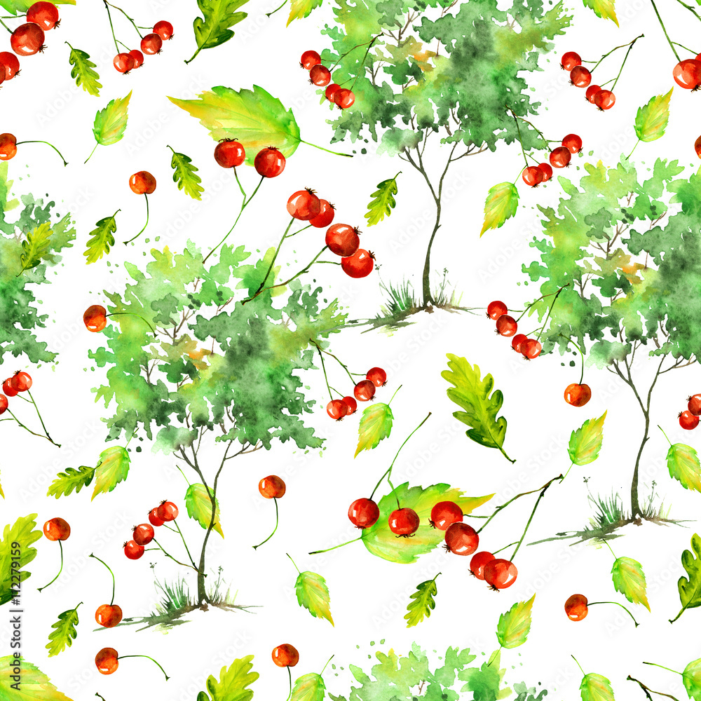 Trees and autumn leaves watercolor.  watercolor pattern