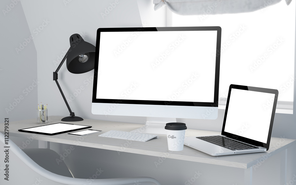 Fototapeta premium workroom with blank screen devices