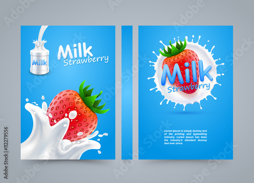 Label milk strawberry cover, banner splashing banner, A4 size
