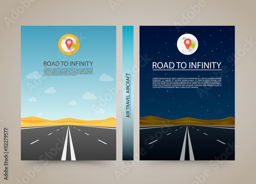 Road to infinity cover, Night and day highway banner, Vector