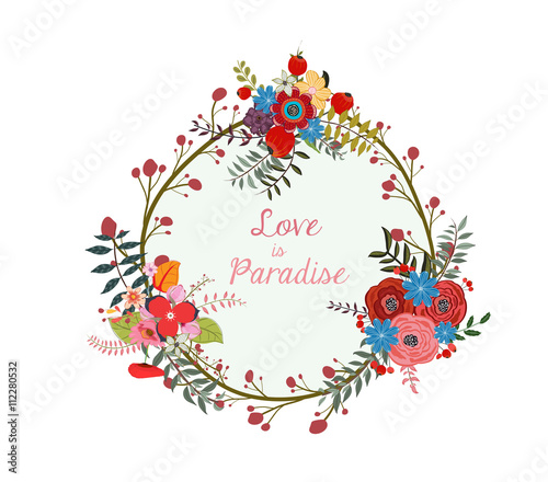 Beautiful greeting card of wreath and hand drawn letters. Bright illustration, can be used as creating card,invitation card for wedding