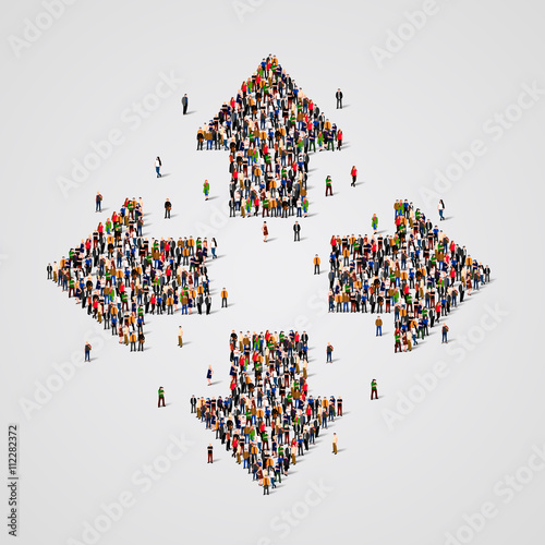 Large group of people in the arrows form.