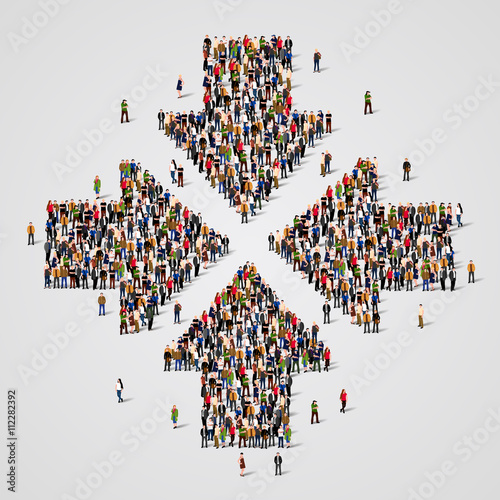 Large group of people in the convergent arrows form. photo