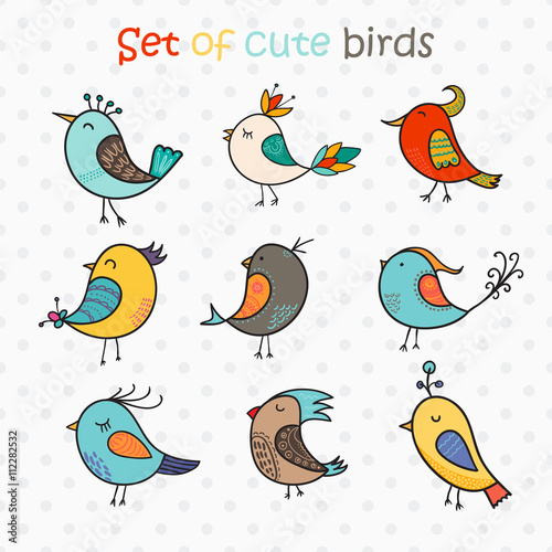 Set of 9 cute birds in vector. Colorful birds doodle collection.
