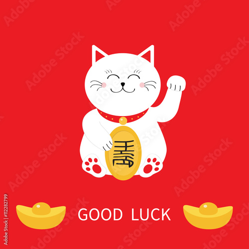 Lucky cat holding golden coin. Japanese Maneki Neco cat waving hand paw icon. Chinese gold Ingot. Feng shui Success wealth symbol mascot. Cute character. Good luck Greeting card. Flat Red background