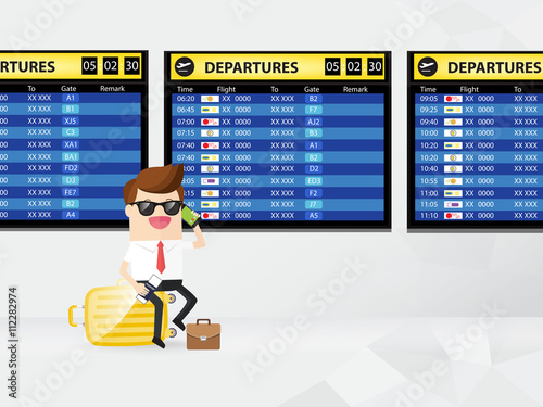 businessman or passenger sitting on suitcase and calling by cell phone with timetable screen board at airport. travelling on vacation time
