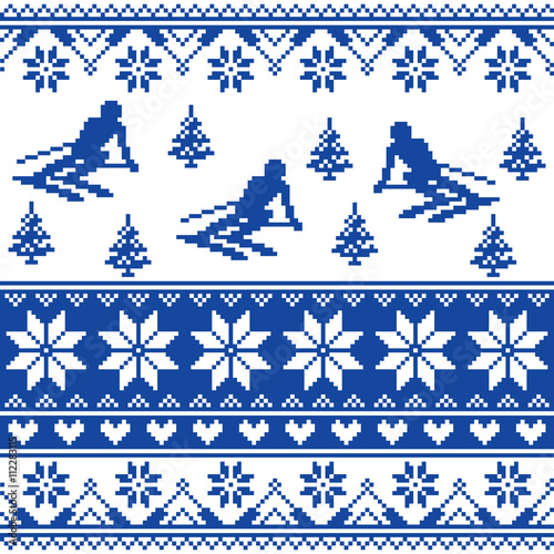 Winter knit pattern - man skiing - white and navy blue background 