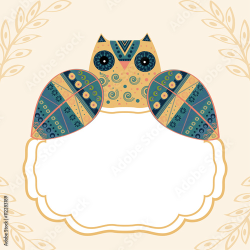 Cute owl with ethnic ornament text box