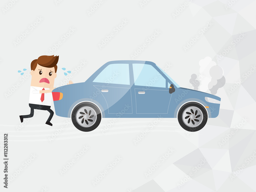 businessman pushing broken down car. with copy space businessman pushing broken down car. with copy space