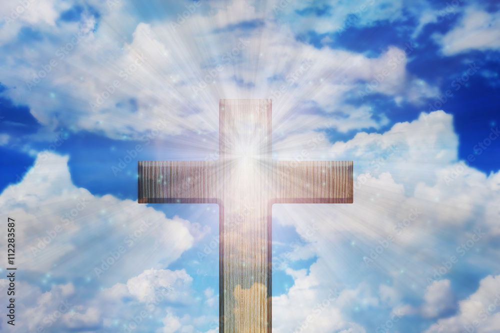 Light of God, Light and cross,Light from sky or heaven shine trough cross or crucifix for background