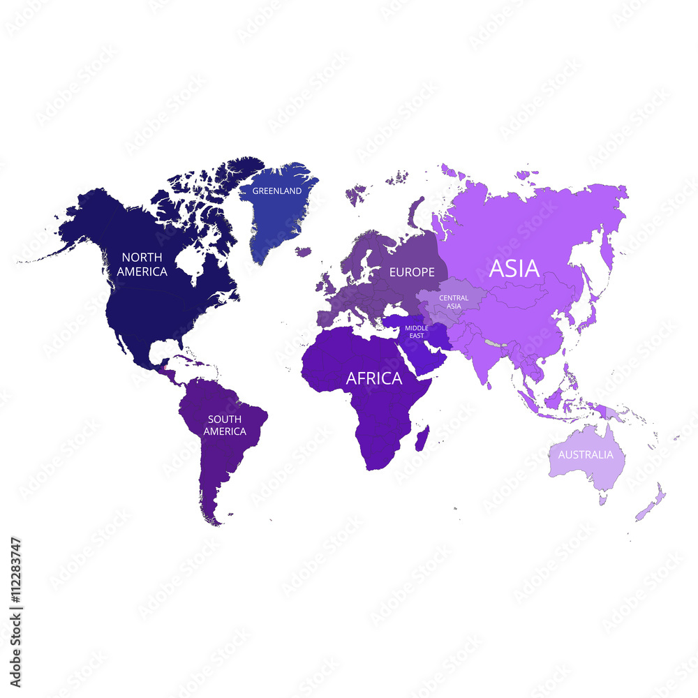 Obraz Mapa świata z nazwami kontynentów. Ilustracji wektorowych.