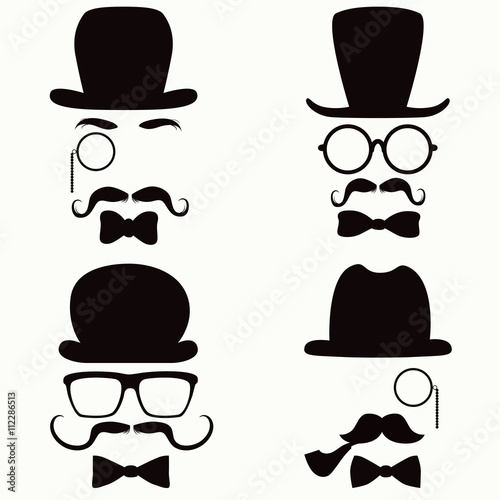 Collection of vintage style silhouette people heads with hats, mustaches, monocles, glasses and ties