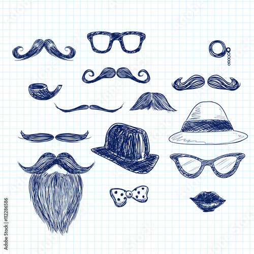 Funny blue color hipster doodle elements on paper sheet background