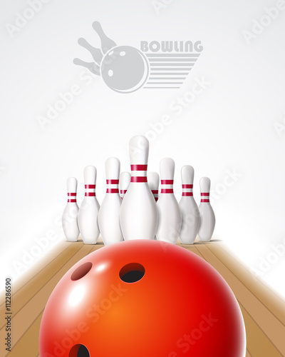 Bowling poster with ball and bowling pins.