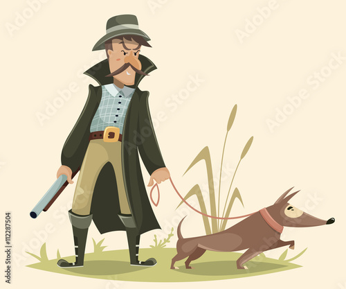 Hunter with gun and dog. Funny cartoon character. Vector illustration in retro style