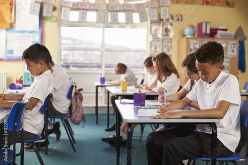 Pupils in a lesson at a primary school classroom, side view